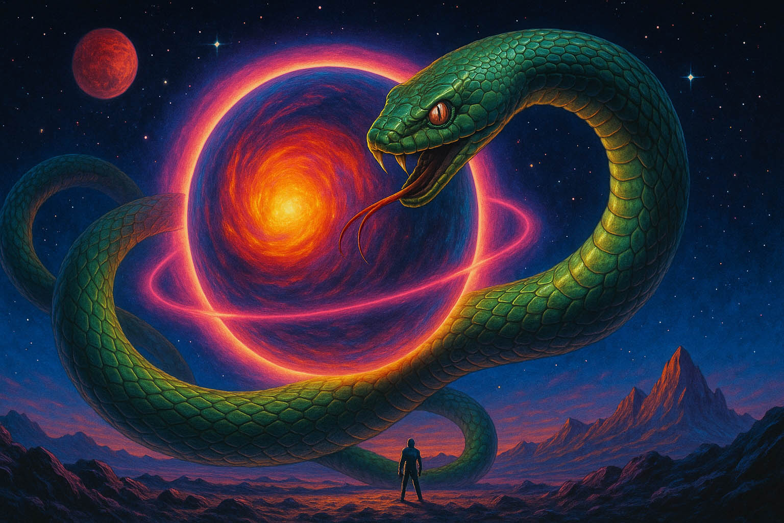 Retro-style illustration of an emerald snake coiled around a glowing ringed planet